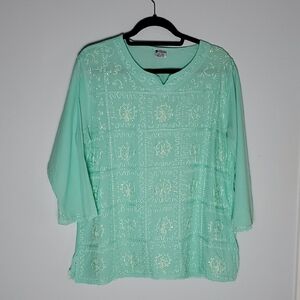 Boho Embroidered Sequin Mint Green Lightweight 100% Cotton Blouse Top